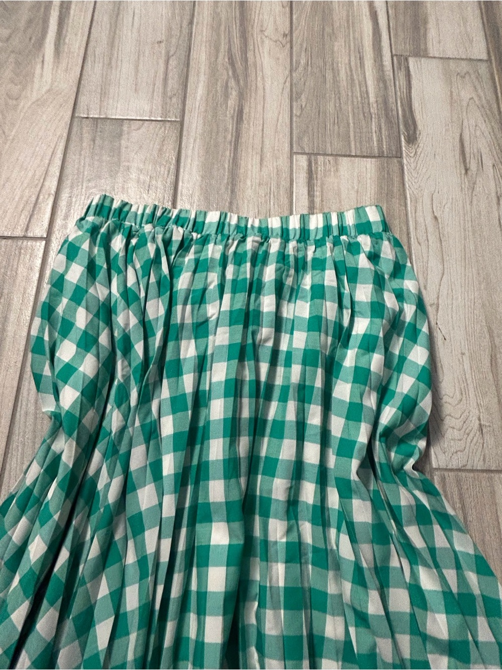 Green White Gingham Women’s Large Skirt Elastic Waist Pleated Boho Prairie Flowy - Picture 3 of 6